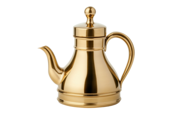 Elegant golden teapot with lid and curved spout on white background, cut out