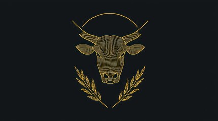 Fototapeta premium Bull head illustration with wheat decoration on a dark background, emphasizing agricultural themes and nature's bounty