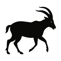 Obraz premium black silhouette of a markhor walking with majestic twisted horns – ideal for wildlife-themed illustrations, eco-conscious branding, educational materials, and nature-inspired designs. 