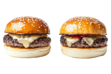 Two juicy cheeseburgers with melted cheese toppings and sesame seed buns, cut out