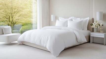 Fototapeta premium Modern minimalist bedroom with a large bed made with white linens next to a large window showing garden views.