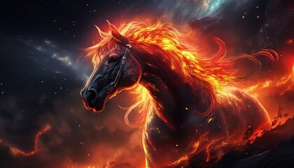 Exploring the vibrant energy of the fire horse in a cosmic landscape during twilight