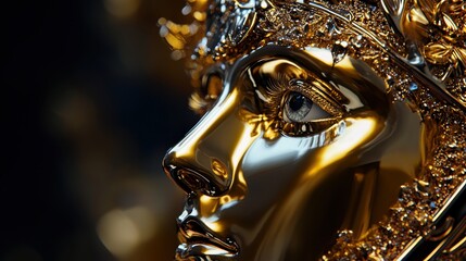 A beautifully crafted golden mask glistens under soft light, revealing intricate details and embellishments. Its captivating design evokes a sense of artistry and elegance