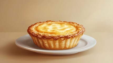 A freshly baked tart rests on a simple white plate, showcasing a crispy, golden crust and a smooth, creamy filling. The presentation is inviting, with soft lighting highlighting its texture