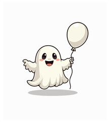 Halloween kawaii ghost character hold bunch of colorful balloons Isolated cartoon vector cute spook personage celebrating party radiating charm and innocence with its playful and endearing presence