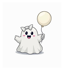 Halloween kawaii ghost character hold bunch of colorful balloons Isolated cartoon vector cute spook personage celebrating party radiating charm and innocence with its playful and endearing presence