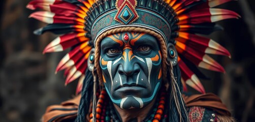 Stern-faced tribal leader in ornate headdress and face paint, authority, elder