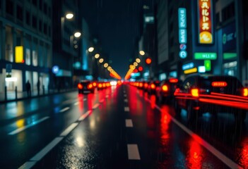 Streaks of taillights blur on a rain-slicked city street at night, urban scene, rush hour