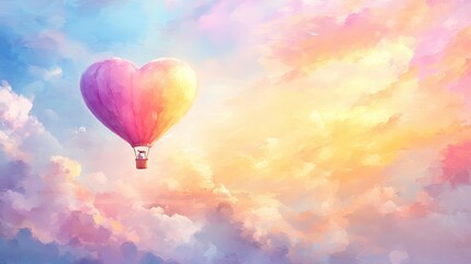 Fototapeta premium Heart-shaped hot air balloon floating above colorful clouds at sunset