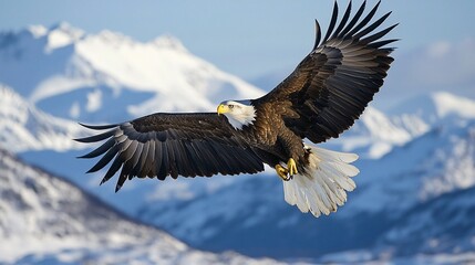 Fototapeta premium Majestic bald eagle in flight over snowy mountains. (1)