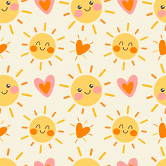  Cute seamless pattern with smiling sun and hearts. Adorable summer design for kids.