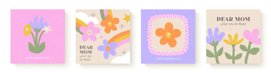 Mother's Day greeting cards collection. Set of templates with cute hand-drawn floral arrangements and other design elements. Trendy modern flat style. Vector illustration