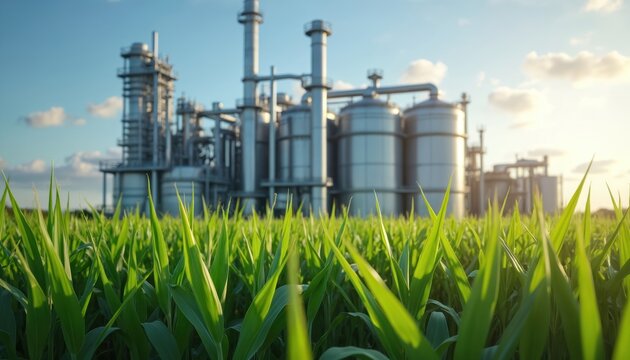 Corn field with ethanol plant, industrial factory complex. Agriculture eco concept. Eco-friendly green energy, bio fuel production. Renewable energy. Summer landscape with blue sky, clouds.