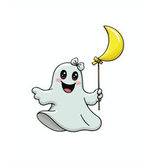 Cute cartoon ghost floating with star balloon cartoon vector illustration in concept 3d cartoon