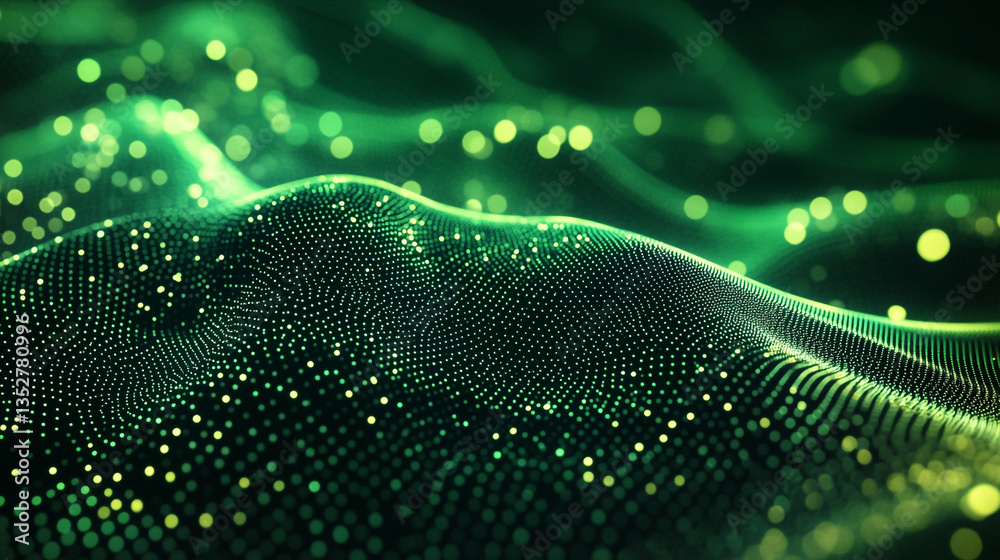 Poster abstract green wave with glittering dots and bokeh lights in the background creating depth effect
