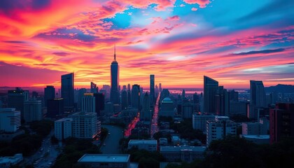 Fototapeta premium Sunset hues paint a vibrant city skyline, viewed from a child's perspective, playful, low angle