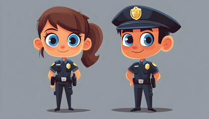 Vector illustration of cute cartoon male and female police officer characters