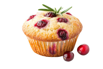 Cranberry muffin with fresh herbs and berries on black background, cut out