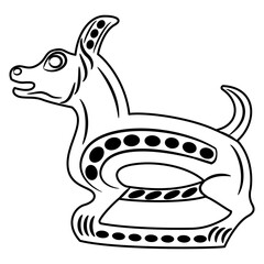 Stylized dog. Permian animal style. Ethnic design from ancient Siberia. Black and white linear silhouette