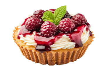 Delicious raspberry tart with whipped cream and mint garnish on black background, cut out