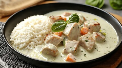 Creamy chicken dish with rice served in a black bowl topped with fresh herbs