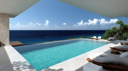 Fototapeta premium Luxury infinity swimming pool overlooking the blue ocean under a clear sky.
