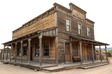 Old western wooden building with rustic facade, wild west style architecture, weathered wood texture