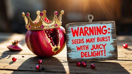 Close-Up of a Pomegranate with a Crown and a Warning Sign About Juicy Seeds on a Wooden Table with Natural Lighting