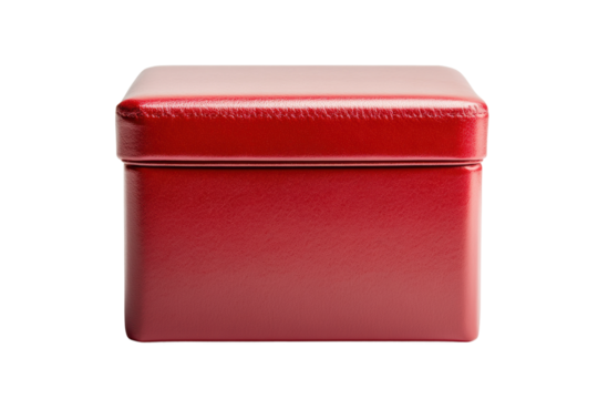 Red square leather gift box with closed lid on black background, cut out