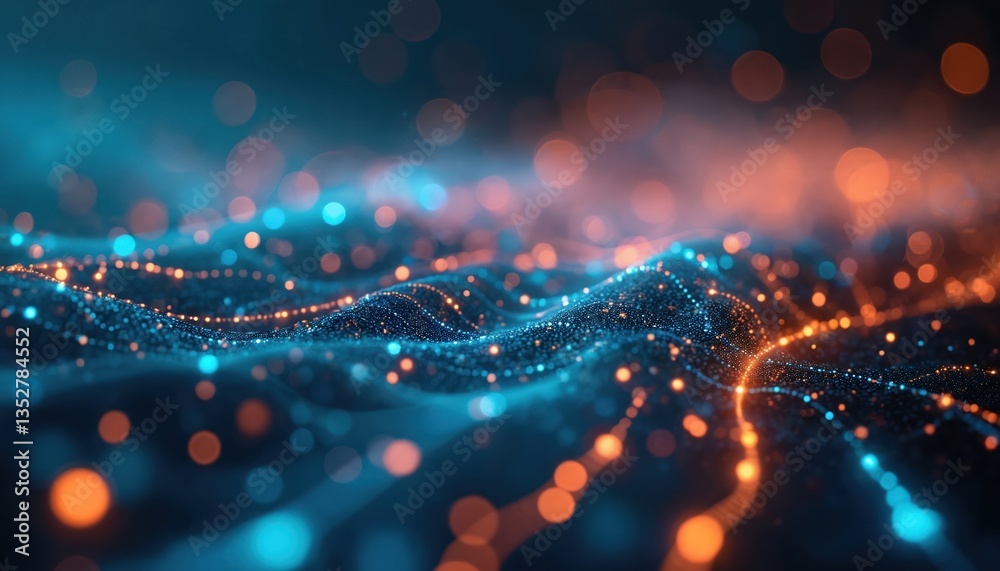 Poster abstract digital data stream with glowing particles. abstract representation of tech, information fl