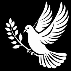 Fototapeta premium Peaceful dove flying with olive branch on black background 