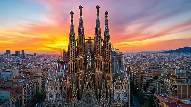 Sagrada Familia at Sunrise, Barcelona cityscape, panoramic view. Possible use stock photo