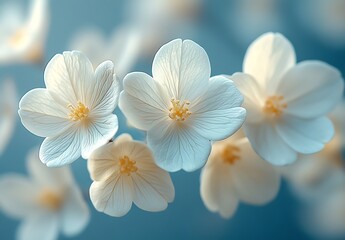 Fototapeta premium Delicate White Flowers with Yellow Centers Against a Soft Blue Background