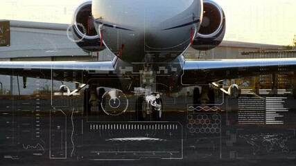 Digital animation overlay showing data on aircraft parked on tarmac - Powered by Adobe