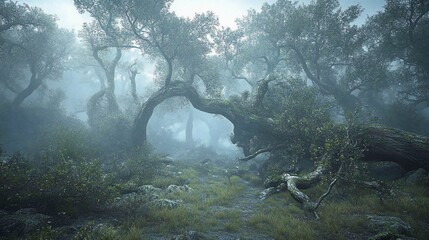Misty forest path, ancient trees, fog, landscape, digital art, game background