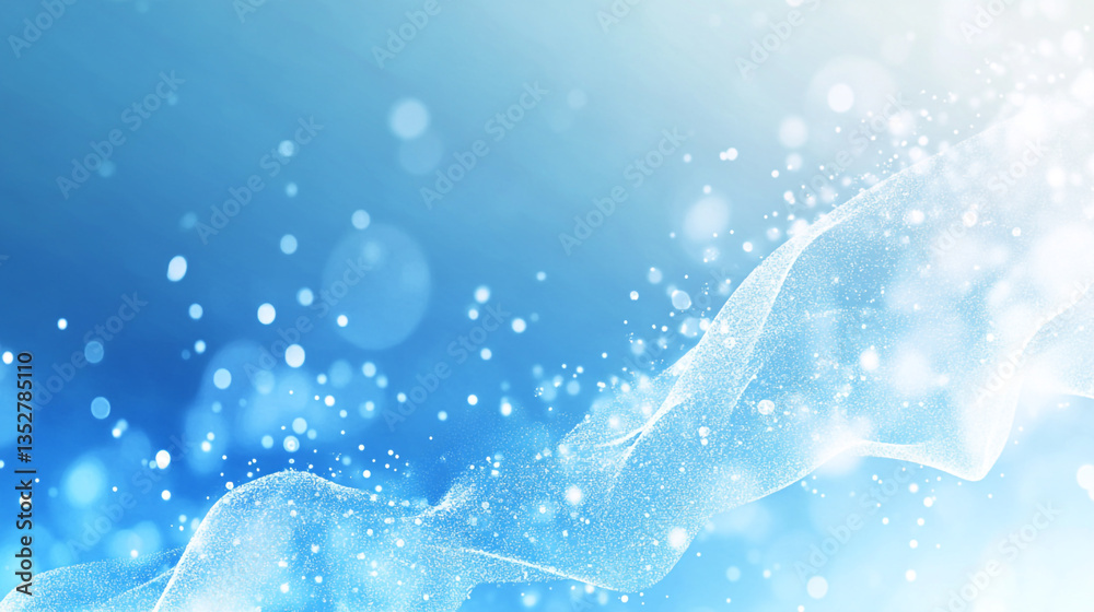 Poster abstract blue and white background with bokeh lights and flowing design elements in a light color sc