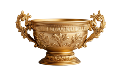 Ornate gold trophy cup with intricate leaf designs and elegant handles, cut out