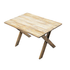 Wooden table with a rustic design suitable for outdoor dining or indoor decor in a cozy setting