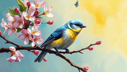 Obraz premium Vibrant impressionistic painting of a budgie perched on blossoming branch, shadow, australian budgie