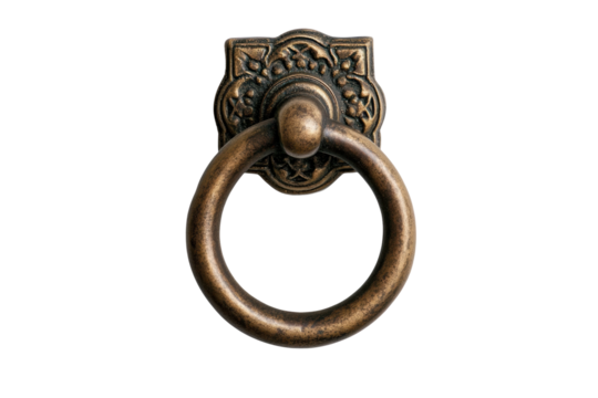 Antique brass door knocker with ornate design on black background, cut out