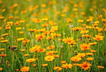 Vibrant orange and yellow wildflowers in a meadow, detail, outdoor