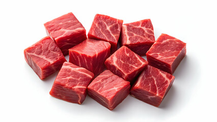 Raw Beef Cubes Isolated on White Background