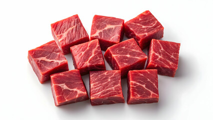 Raw Beef Cubes Isolated on White Background