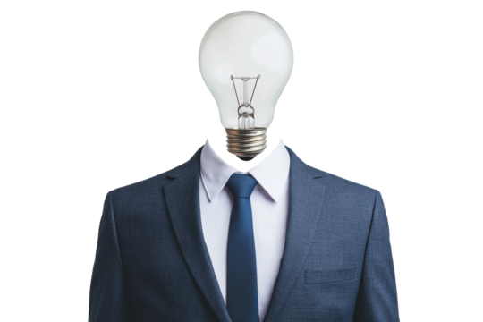 Lightbulb-headed businessman in suit symbolizing creativity and innovation, cut out