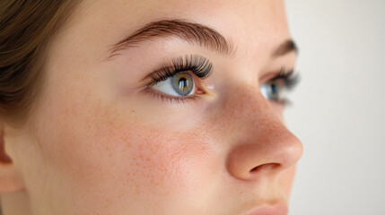 Close-up of a young woman showcasing natural beauty with captivating eyes and subtle freckles in bright lighting