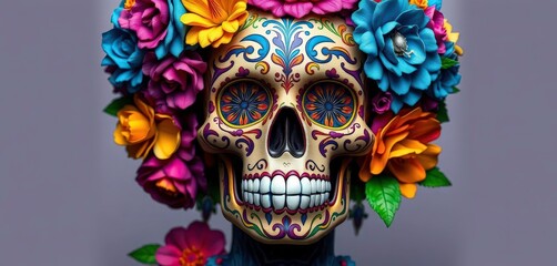 Vibrant sugar skull with floral headdress, intricate details , decorated skull, death