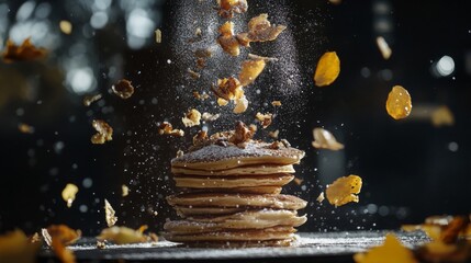 Stack of Golden Brown Pancakes with Falling Flakes and Powdered Sugar