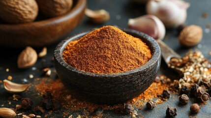 Ground Spice in Dark Bowl with Garlic and Peppercorns