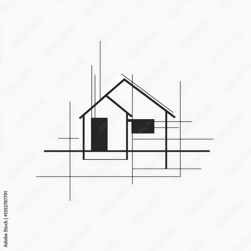 Poster abstract minimalist architectural sketch of a house on white background, clean lines and bold shapes