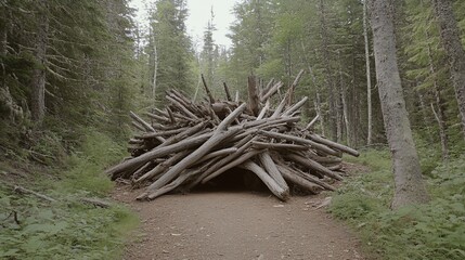 Forest trail driftwood shelter, nature art installation